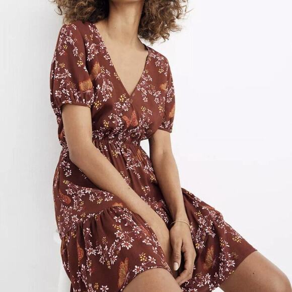 MADEWELL Ruffle-Wrap Dress in Windowbox Floral Butterfly Rich Burgundy {3H13} - Picture 1 of 8